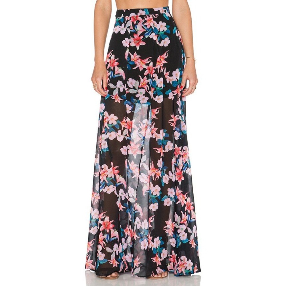 Show Me Your Mumu Women Small Black Pink Floral Lily High Waist Maxi Skirt